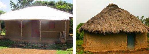 A new metal roof on the left, a thatched roof on the right